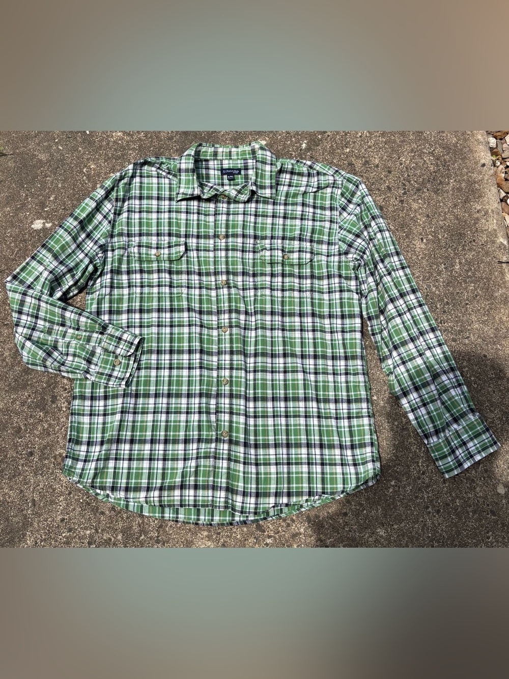 St. John's Bay Green and White Plaid Long-Sleeve Button-Down Shirt